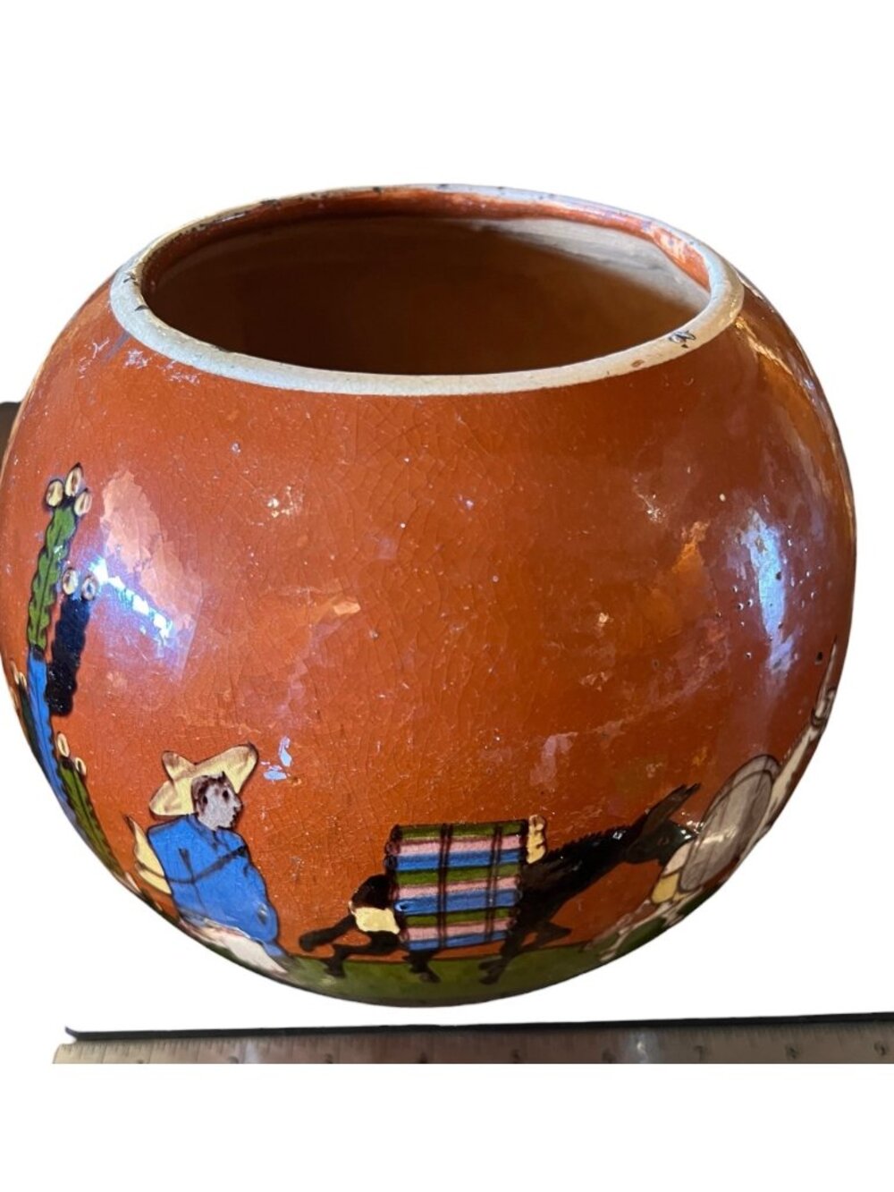 Mexican Red Clay Vase Village & Burros Scene 8" Dia 7" T MCM Mexico Hand Painted